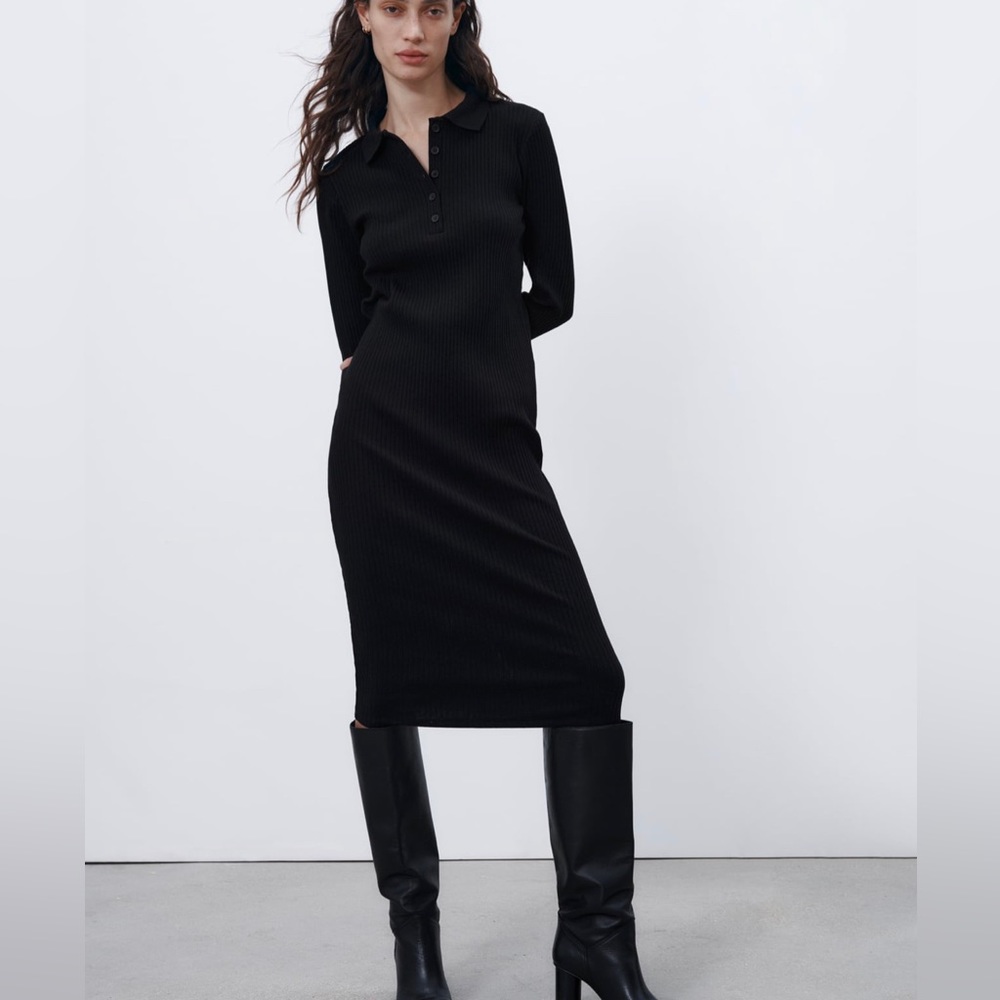 Ribbed Polo Dress Black